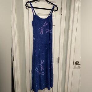 Global Village Size S Blue Purple Dragonfly Adjustable Side Slit Boho Maxi Dress